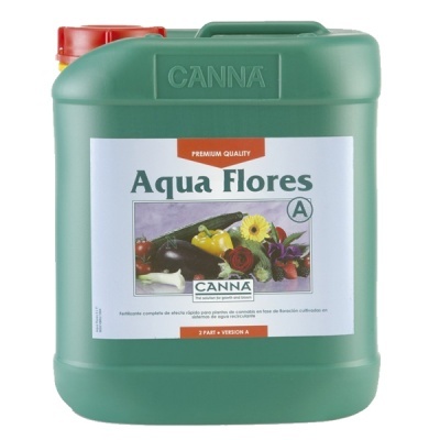 Recipiente de plástico verde com tampa vermelha e rótulo de fertilizante Aqua Flores