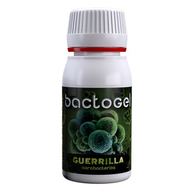 Frasco branco de plástico com rótulo preto e texto Bactogel Guerrilla