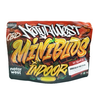 Embalagem laranja e preta de flores CBD NaturWest Minibuds Indoor, com etiqueta My Name Is Amnesia Hy Pro 20 grs