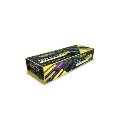 Caixa preta, amarela e roxa com texto ZEUS ACES PRO 18 e imagens de marcadores roxos