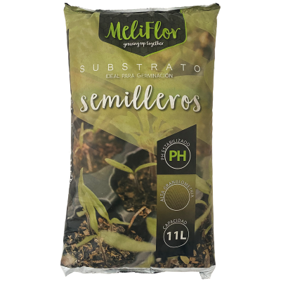 Saco de substrato para sementeiros Meliflor verde com planta jovem