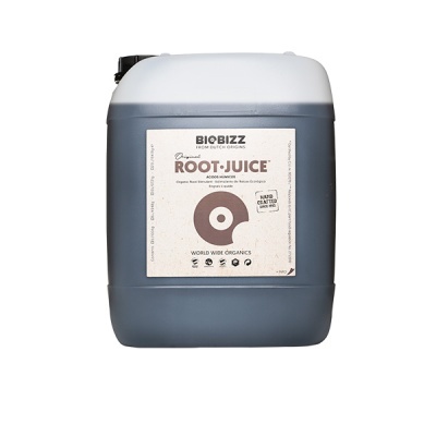 Recipiente plástico cinzento de produto BIOBIZZ ROOT JUICE com etiqueta branca