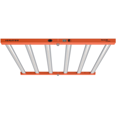 Luminária LED industrial laranja com seis tubos e texto IGNATOR e HeroLED E720W