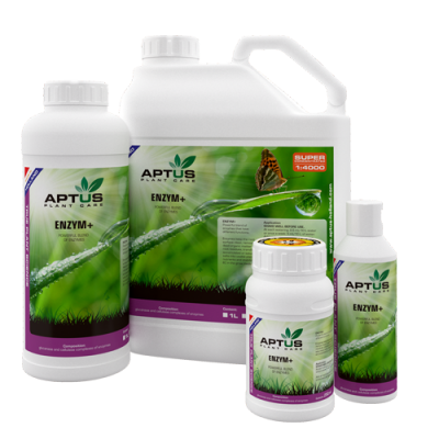 Conjunto de quatro frascos do produto Aptus Plant Care ENZYM+ com rótulos verdes e roxos