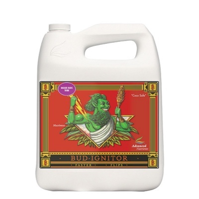 Recipiente branco com rótulo vermelho e ilustração verde e texto BUD IGNITOR
