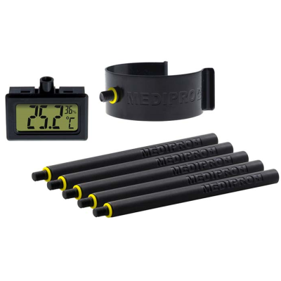 Conjunto de peças com texto MEDIPROF e display digital a mostrar temperatura e humidade
