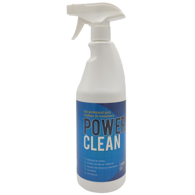 Frasco branco de produto de limpeza Power Clean com rótulo azul e borrifador