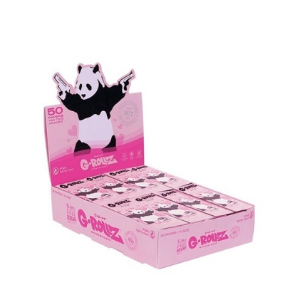 Caixa de papéis G-ROLLZ cor-de-rosa com ilustração de panda e texto