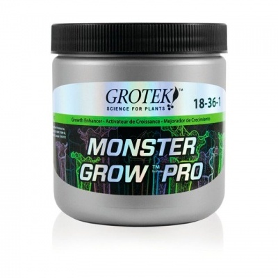 frasco cinzento com tampa preta e rótulo colorido com texto MONSTER GROW PRO