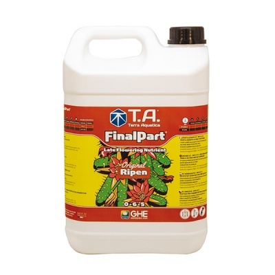 Recipiente branco de fertilizante líquido T.A. FinalPart com rótulo vermelho, amarelo e imagem de planta