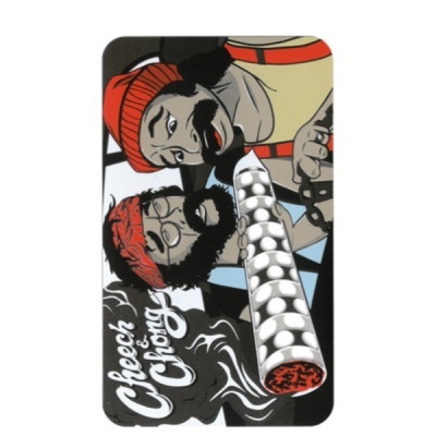 Cartaz estilo ilustração com duas figuras masculinas e texto Cheech & Chong