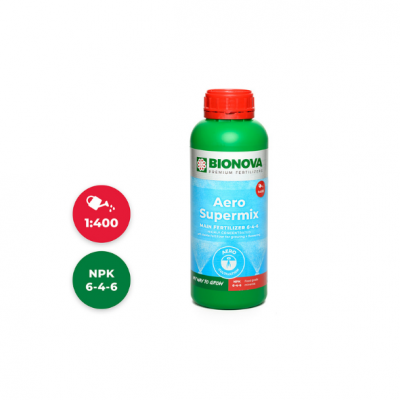 Frasco de fertilizante BIONOVA Aero Supermix com rótulo azul e capsula vermelha, dois círculos com texto informativo.