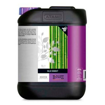 Recipiente preto 5L com rótulo com imagem de bambu e texto SILIC BOOST