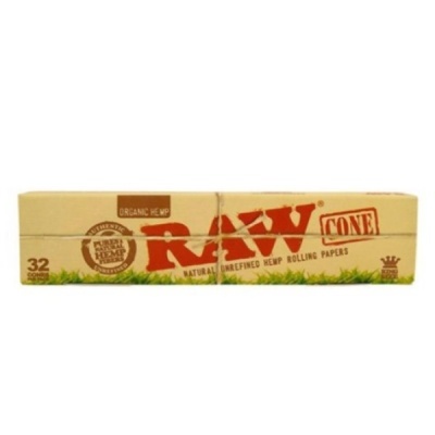 Caixa de papelotes cónicos RAW bege com texto vermelho e castanho