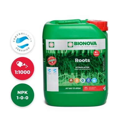 Frasco verde com tampa vermelha de fertilizante Bionova Roots com rótulo verde e branco.