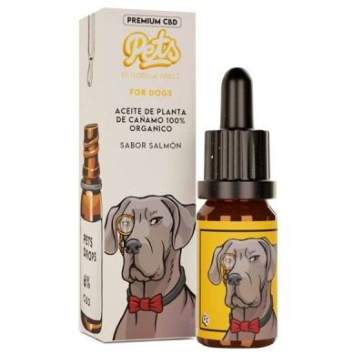 Frasco âmbar com conta-gotas preto e embalagem branca com óleo de cânhamo 100% orgânico para cães, sabor salmão, ilustração de cachorro cinza com monóculo e gravata vermelha.