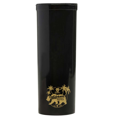 Recipiente metálico preto com impressão dourada de design tropical e texto