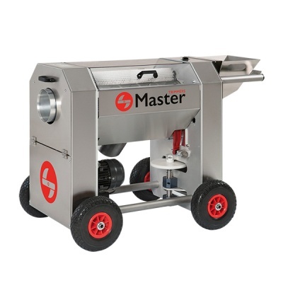 Máquina industrial metálica prateada com rodas e logótipo Master TRIMMERS