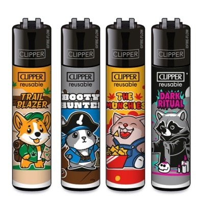 Quatro isqueiros Clipper reutilizáveis com desenhos de animais em diferentes temas