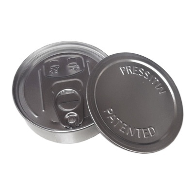 Tampas metálicas cinza para latas, uma com texto em relevo, outra com lingueta para abrir.