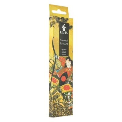 Caixa amarela de incenso Samurai com ilustração de samurai e texto Koh-Do.
