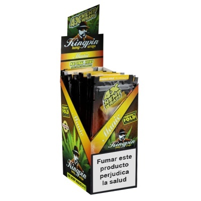 Expositor de embalagens Kingpin Marig com 4x Hemp Wraps e aviso de saúde.