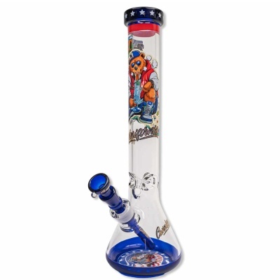 Bong de vidro com detalhes azuis e ilustração colorida de urso e texto California