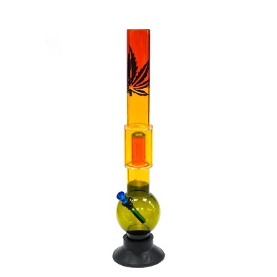 Bong colorido em vidro com base preta e folha estampada.