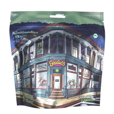 Embalagem ilustrada de MiniGoodies com design de fachada de loja Goodies