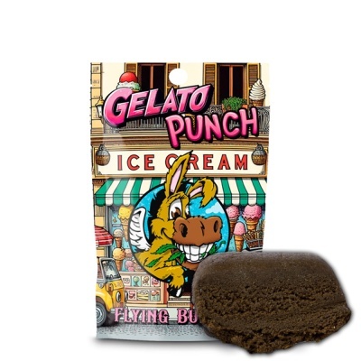 Embalagem colorida de produto Gelato Punch e pedaço castanho ao lado