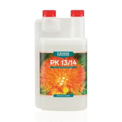 Frasco de plástico branco com duas tampas vermelhas e rótulo colorido PK 13/14