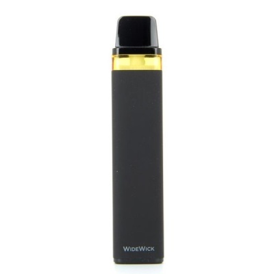 Dispositivo preto de vape com depósito amarelo e texto WIDEWICK