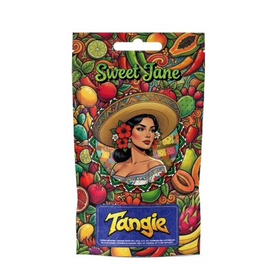 Embalagem decorativa com ilustração de mulher e frutas, texto Sweet Jane e Tangie
