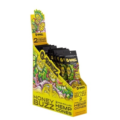 Expositor amarelo com pacotes pretos de cones de cânhamo pré-rolados G-ROLLZ