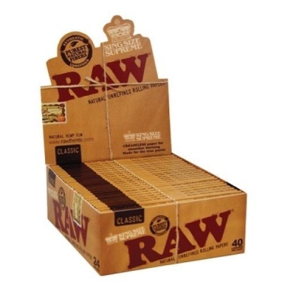 Caixa de papel de enrolar RAW KING SIZE SUPREME CLASSIC castanha claro com texto vermelho e preto