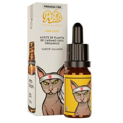 Frasco com conta-gotas e embalagem de CBD para gatos com ilustração de gato