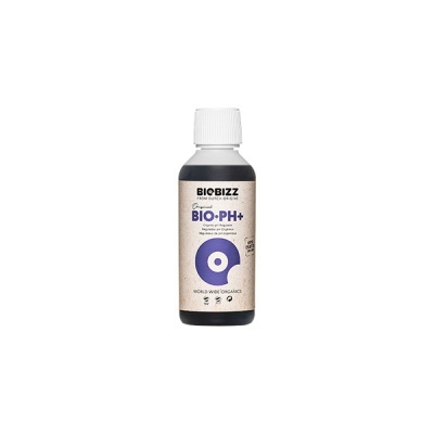 Frasco plástico preto com tampa branca e etiqueta bege com texto BIOBIZZ BIO·PH+