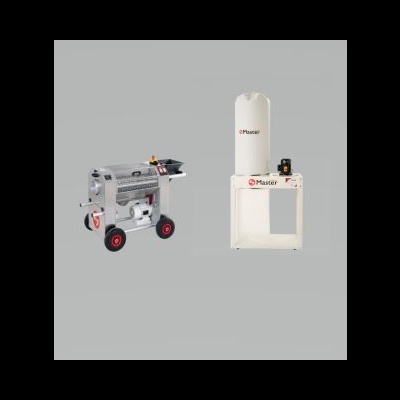 Máquina industrial metálica cinzenta com rodas vermelhas e equipamento branco com saco recolhedor e logótipo Master