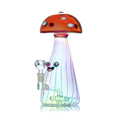 Bong de vidro colorido em forma de cogumelo com rosto desenhado