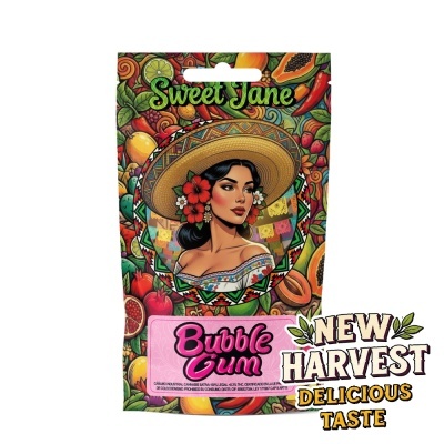 Embalagem colorida para Bubble Gum da marca Sweet Jane com ilustração feminina e frutas