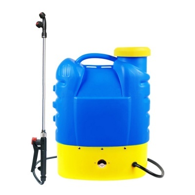 Pulverizador elétrico de mochila azul e amarelo com lança metálica