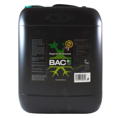 Recipiente preto com rótulo colorido Bac Organic PK Booster para agricultura