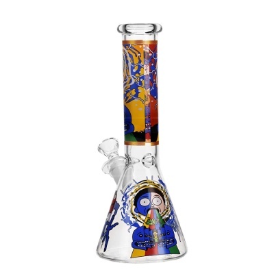 Bong de vidro transparente com ilustrações coloridas