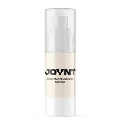 Frasco branco de sérum para olhos JOYNT com tampa transparente e texto preto
