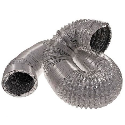 Tubo flexível metálico prateado para ventilação com textura corrugada