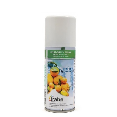 Aerosol higienizante com tampa branca e rótulo com frutas e texto.