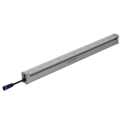 Luz LED tipo barra prateada com conector preto e azul e texto PLATINUM