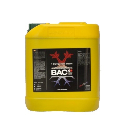 Recipiente amarelo de plástico com etiqueta preta e texto BAC 1 Component Bloom