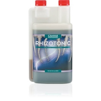 Frasco branco com líquido verde e rótulo RHIZOTONIC da CANNA
