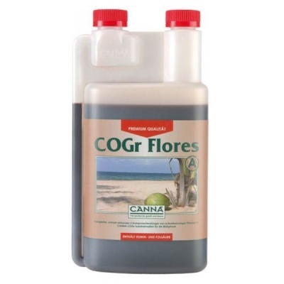 Frasco plástico com líquido e rótulo COGr Flores